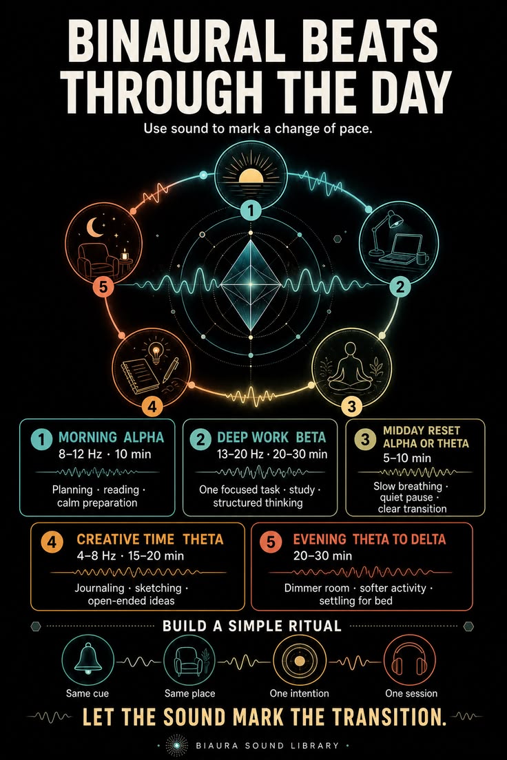 Infographic titled Binaural beats through the day, ending with an evening theta-to-delta wind-down