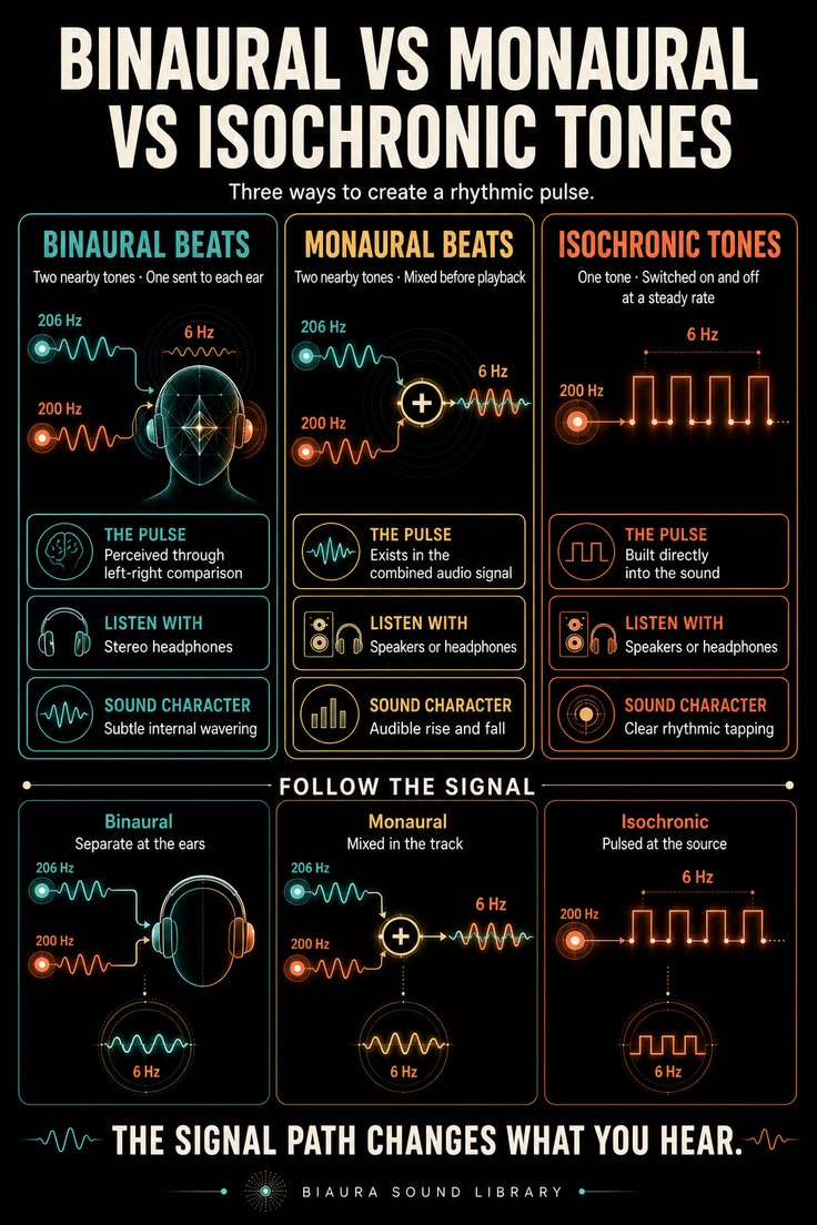 Binaural splits two tones, one per ear. Monaural mixes them first. Isochronic pulses one tone on and off.