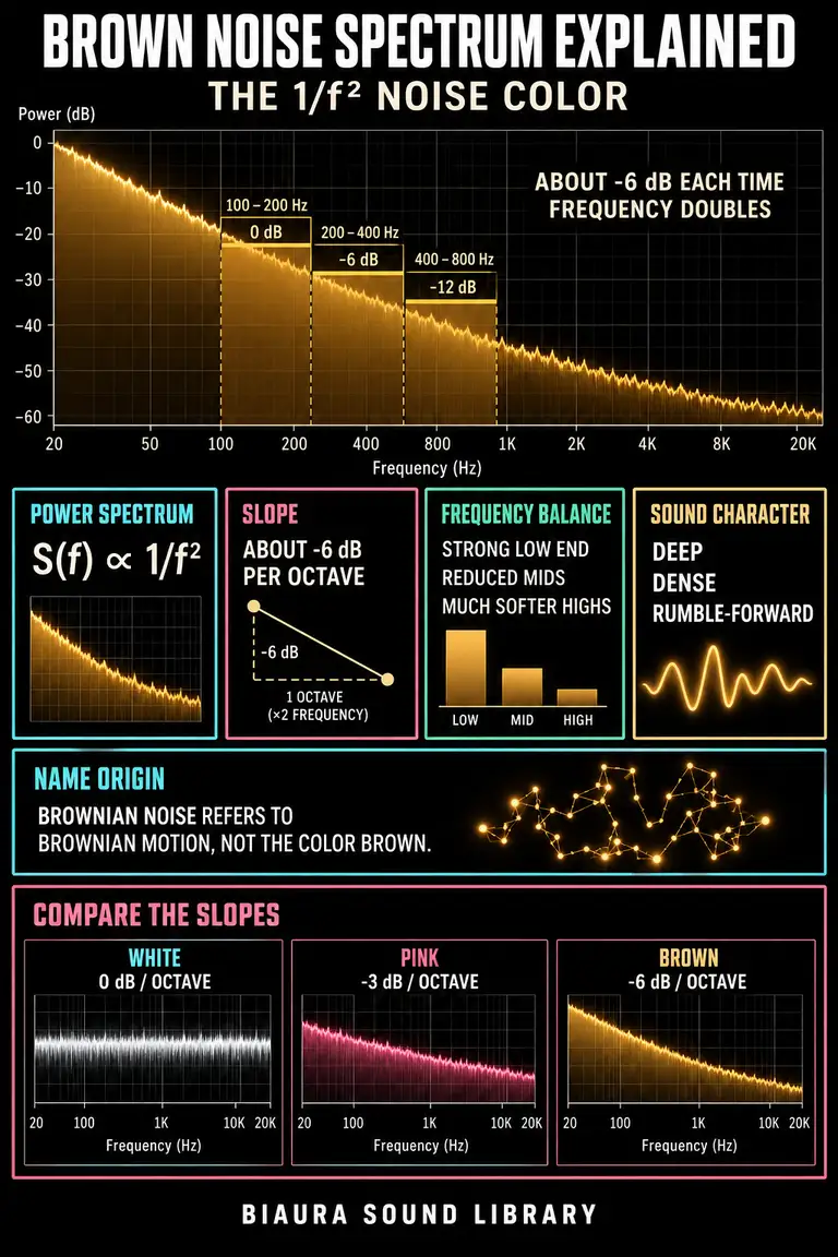 Brown noise spectrum chart showing a 1/f-squared slope and minus 6 dB per octave.