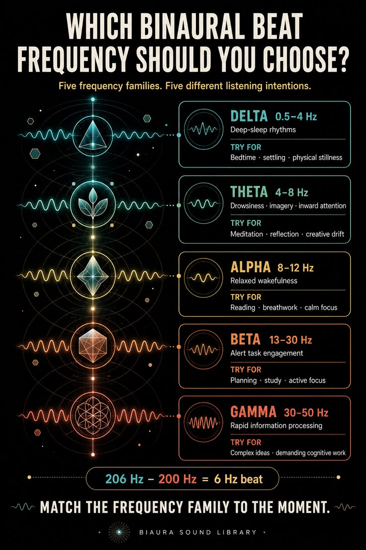 Delta through gamma binaural-beat ranges. Beta and gamma sit with work. Delta sits with sleep.