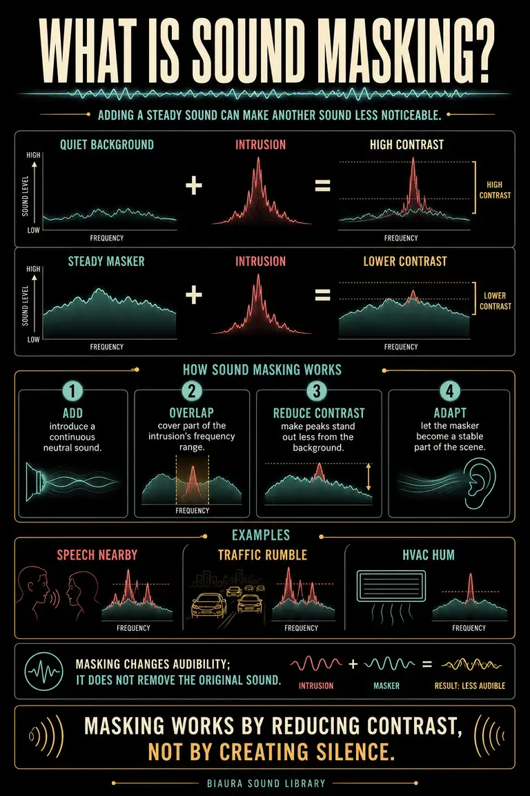 Spectrum and waveform infographic showing intrusive sound before and after a masking floor is added.