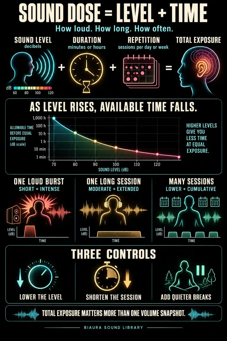 Biaura infographic showing sound dose as the combination of decibel level, exposure time and repetition.