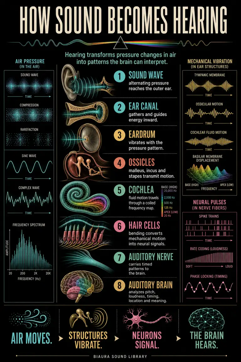 Six-stage journey of sound from air pressure through the outer, middle and inner ear to the brain.