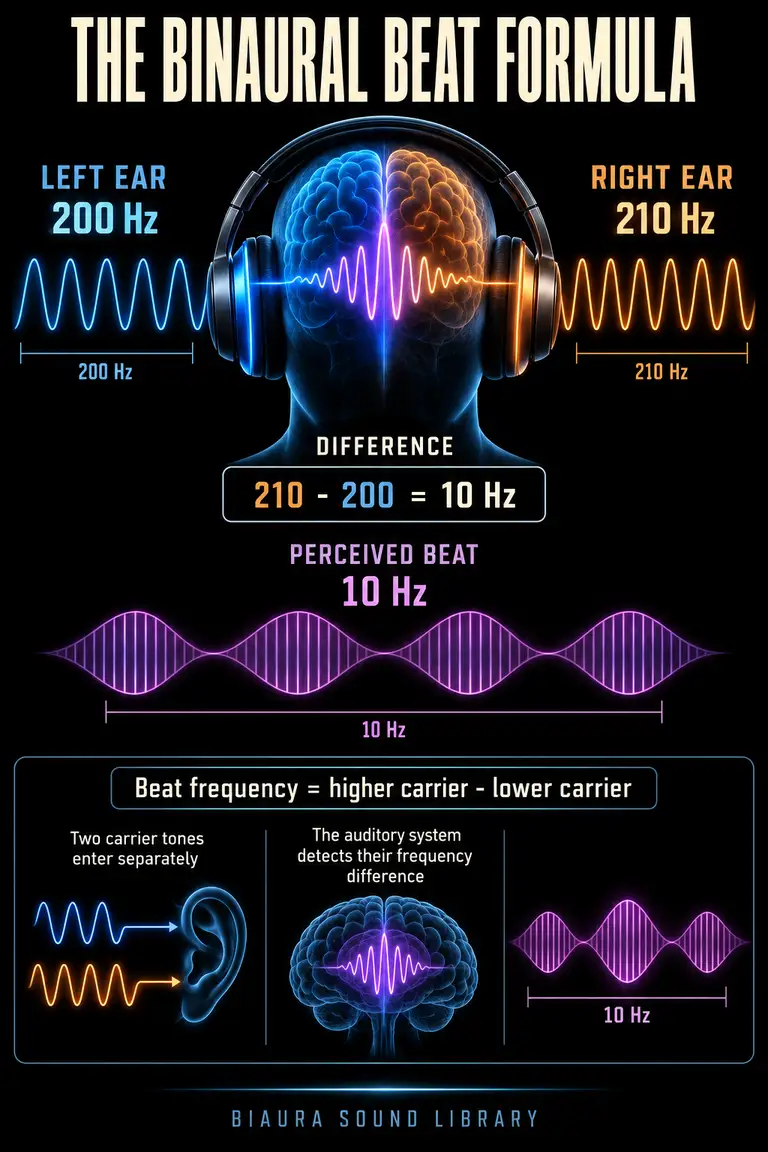 Diagram showing 200 Hz in the left ear and 210 Hz in the right ear producing a 10 Hz binaural beat.
