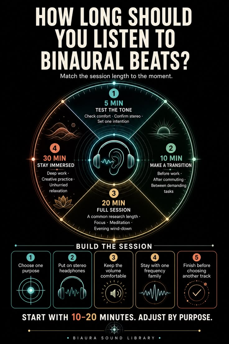 Infographic showing how long you should listen to binaural beats and noise