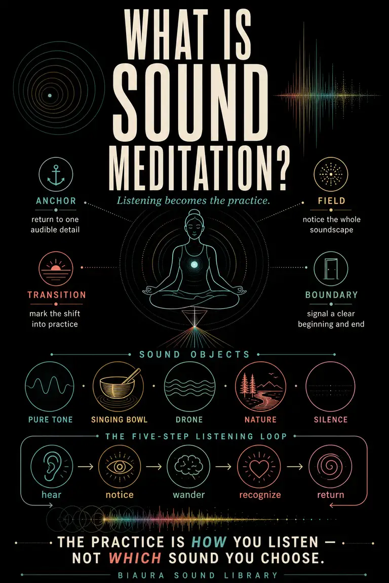 Meditating figure surrounded by four sound functions: anchor, field, transition and boundary.