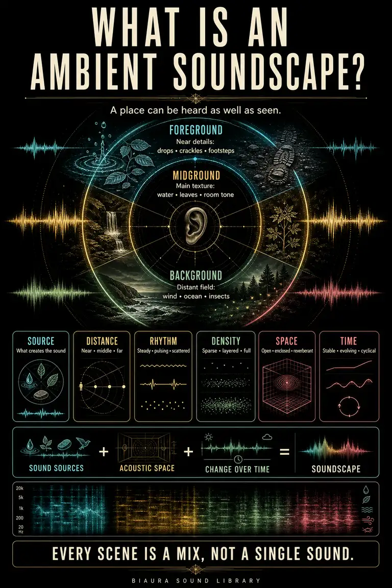 Dense Biaura infographic mapping foreground, midground and background layers of an ambient soundscape around an ear.