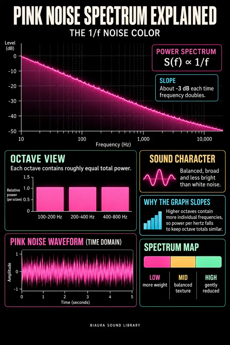 Pink spectrum chart showing a 1/f slope, minus 3 dB per octave and equal power across octave bands.