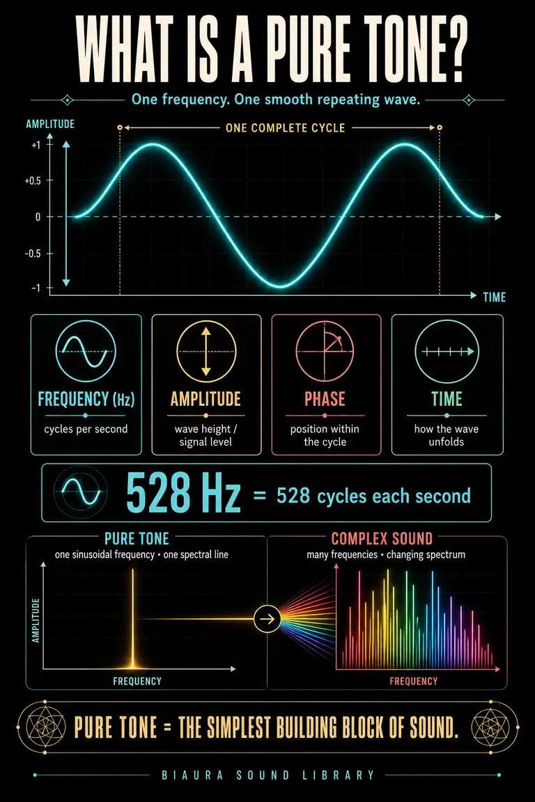 Biaura infographic showing a sine wave, one complete cycle, frequency, amplitude, phase and pure versus complex spectra.