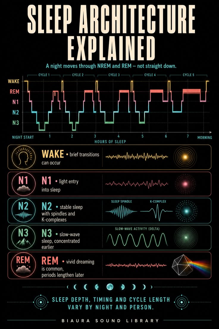 Infographic titled Sleep architecture explained, showing NREM and REM cycles across an eight-hour night