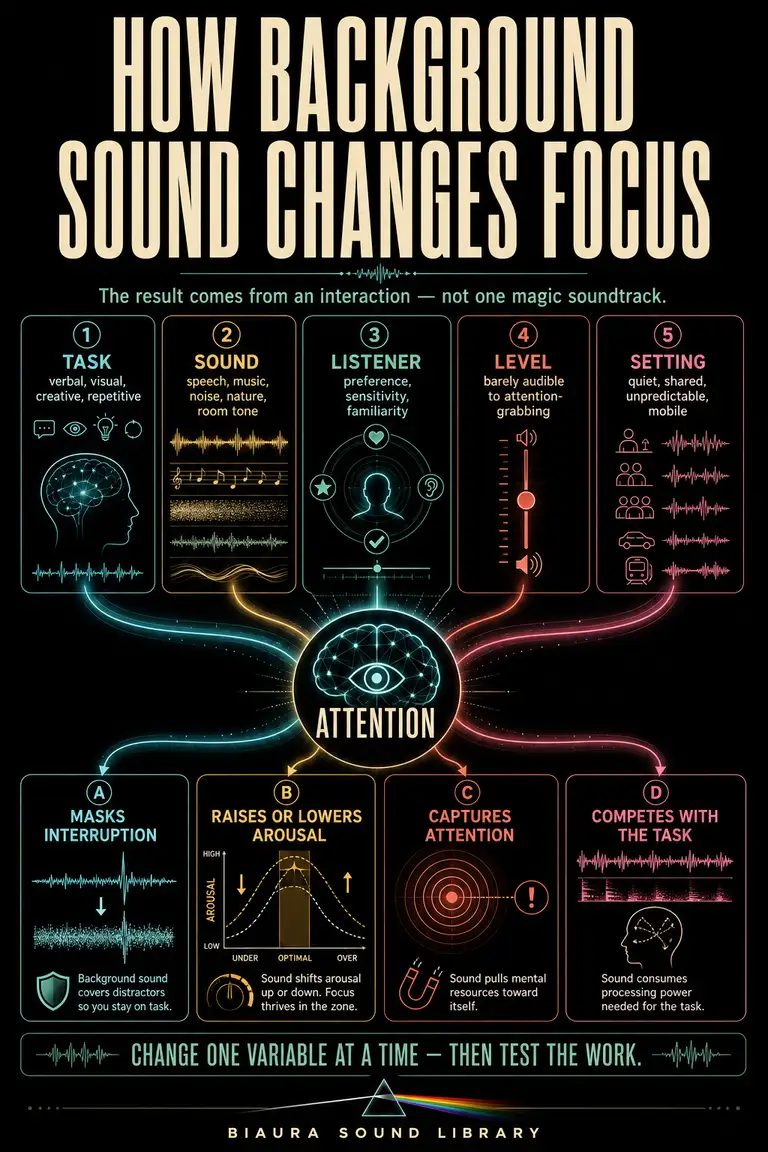 Five-factor infographic connecting task, sound, listener, level and environment to attention.