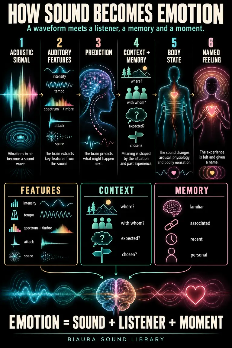 Biaura infographic tracing sound features through prediction, context, memory, body response and named emotion.