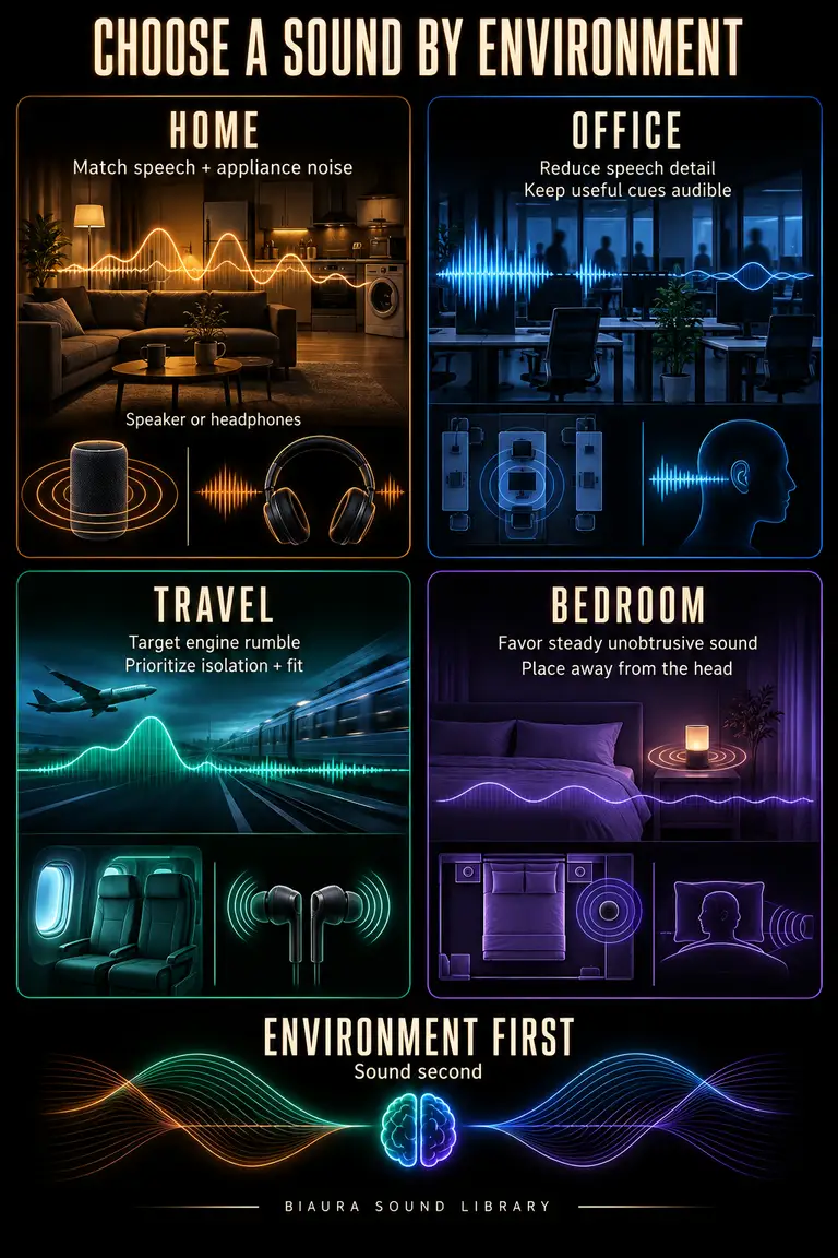 Four-panel selector for choosing sound at home, in an office, while traveling and for sleep.