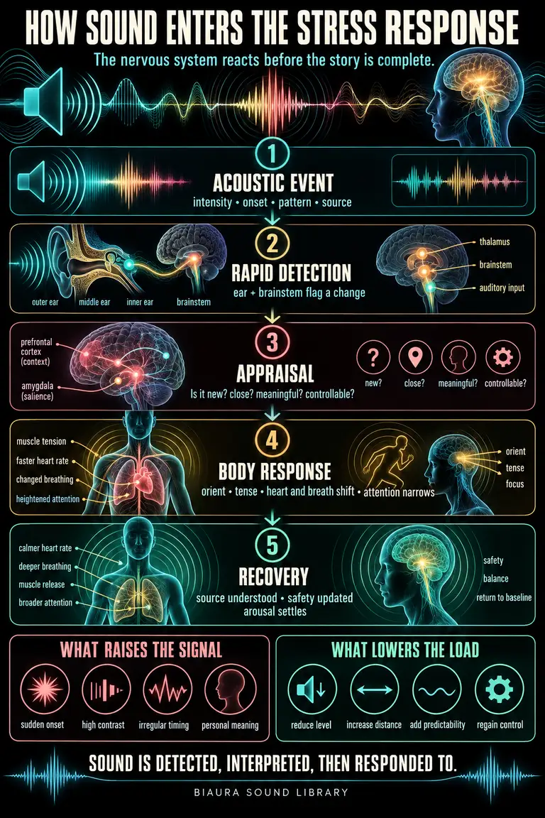Biaura nervous-system infographic tracing a sound through detection, appraisal, arousal and recovery.