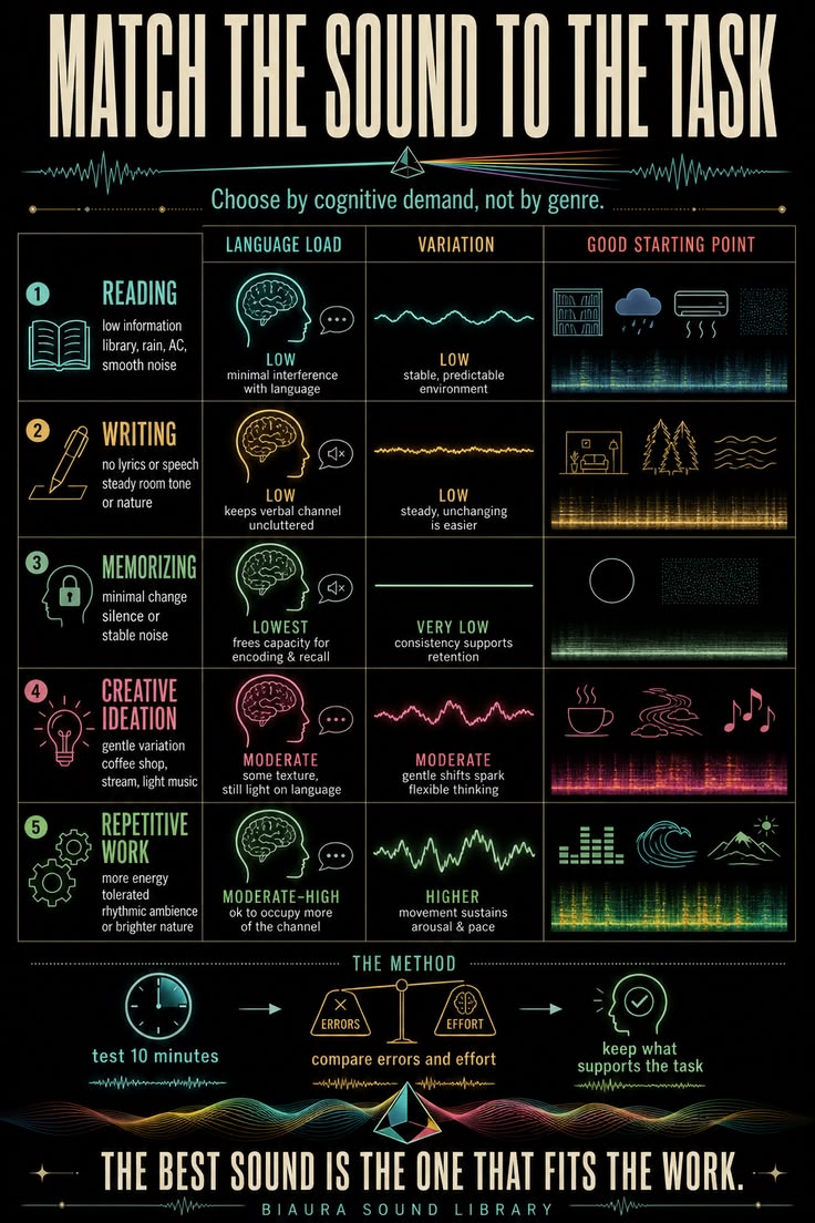 One task, one sound, 20 to 40 minutes. Focus at 16 Hz or brown/pink if the room is talking.