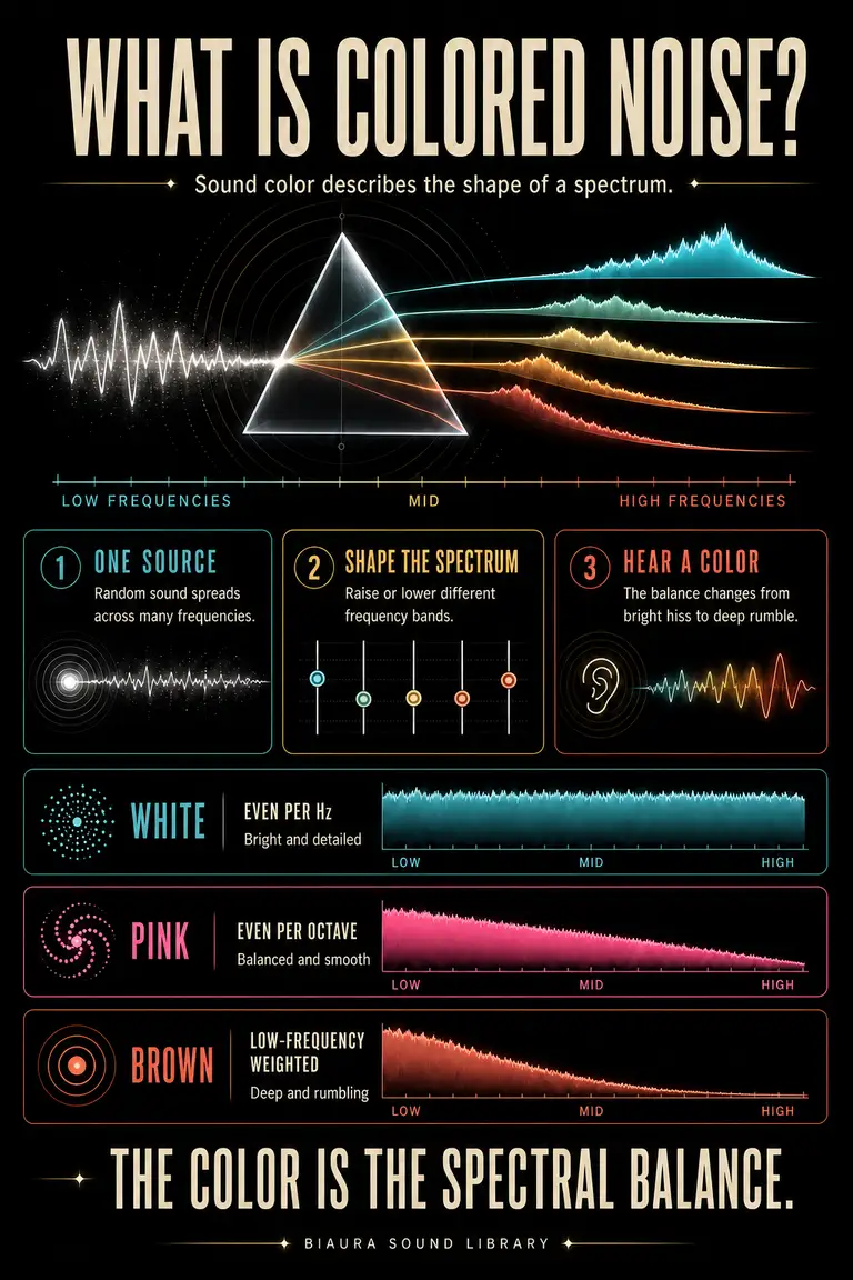 Biaura infographic showing a waveform passing through an acoustic prism and separating into white, pink, and brown noise spectra.